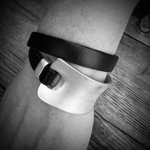 New Leather + Silver Metal Modern Wrap Bracelet Black Satin Distressed Finish